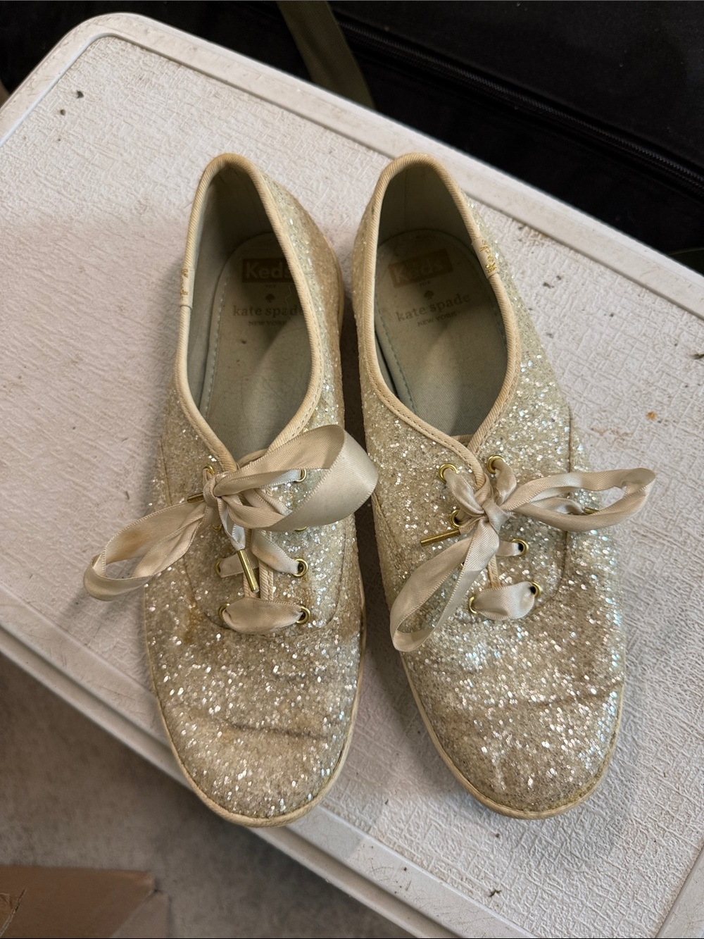kate spade champagne glitter ribbon lace-up flats